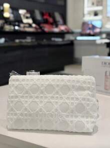 Christian Dior White Rhombus Jacquard Textured Makeup Bag - Rhombus Stitching Pattern, Rectangular Cosmetic Bag With Zipper Top Closure, Textured Material - White - View 1
