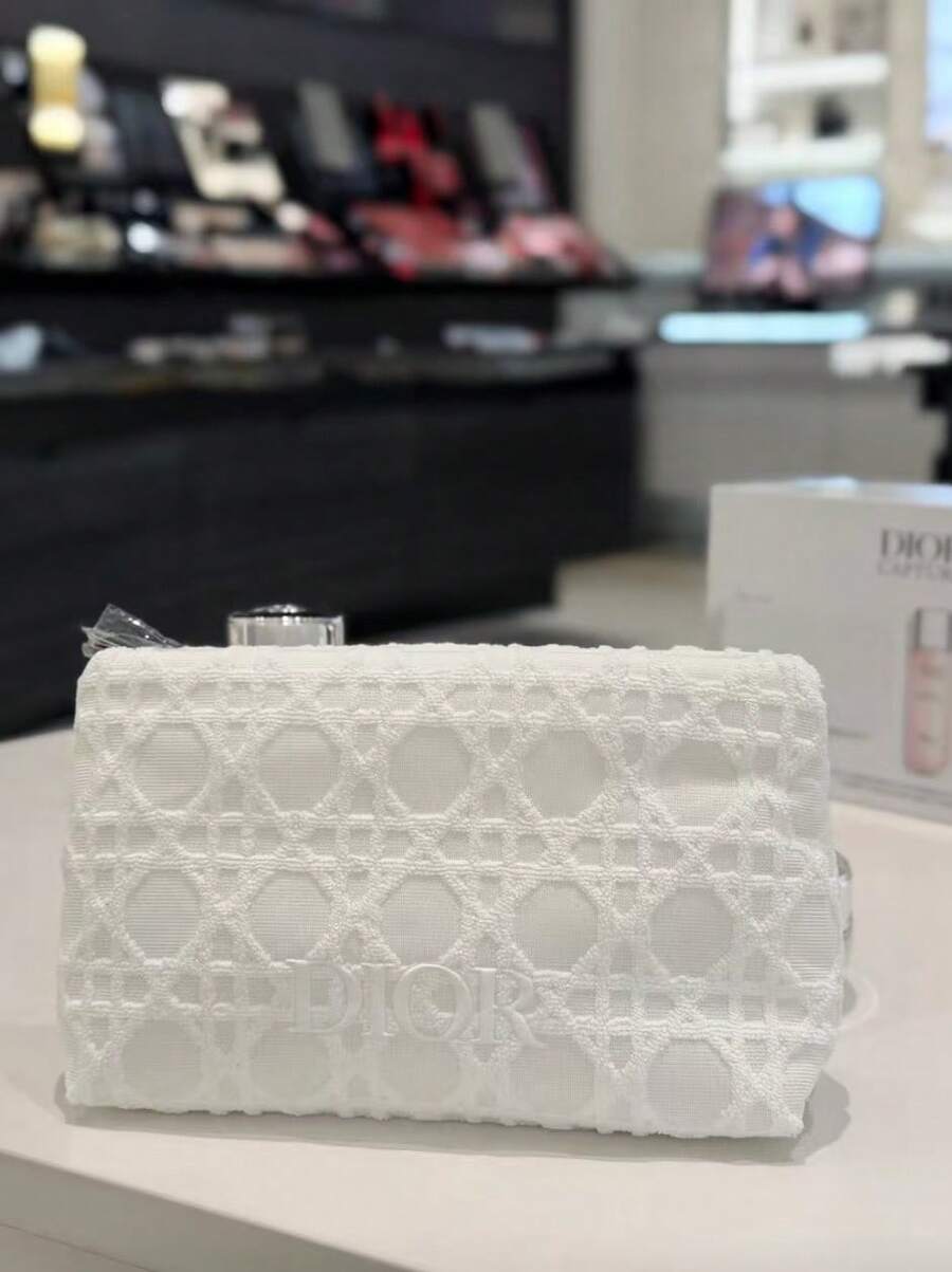 Christian Dior White Rhombus Jacquard Textured Makeup Bag - Rhombus Stitching Pattern, Rectangular Cosmetic Bag With Zipper Top Closure, Textured Material - White - View 1