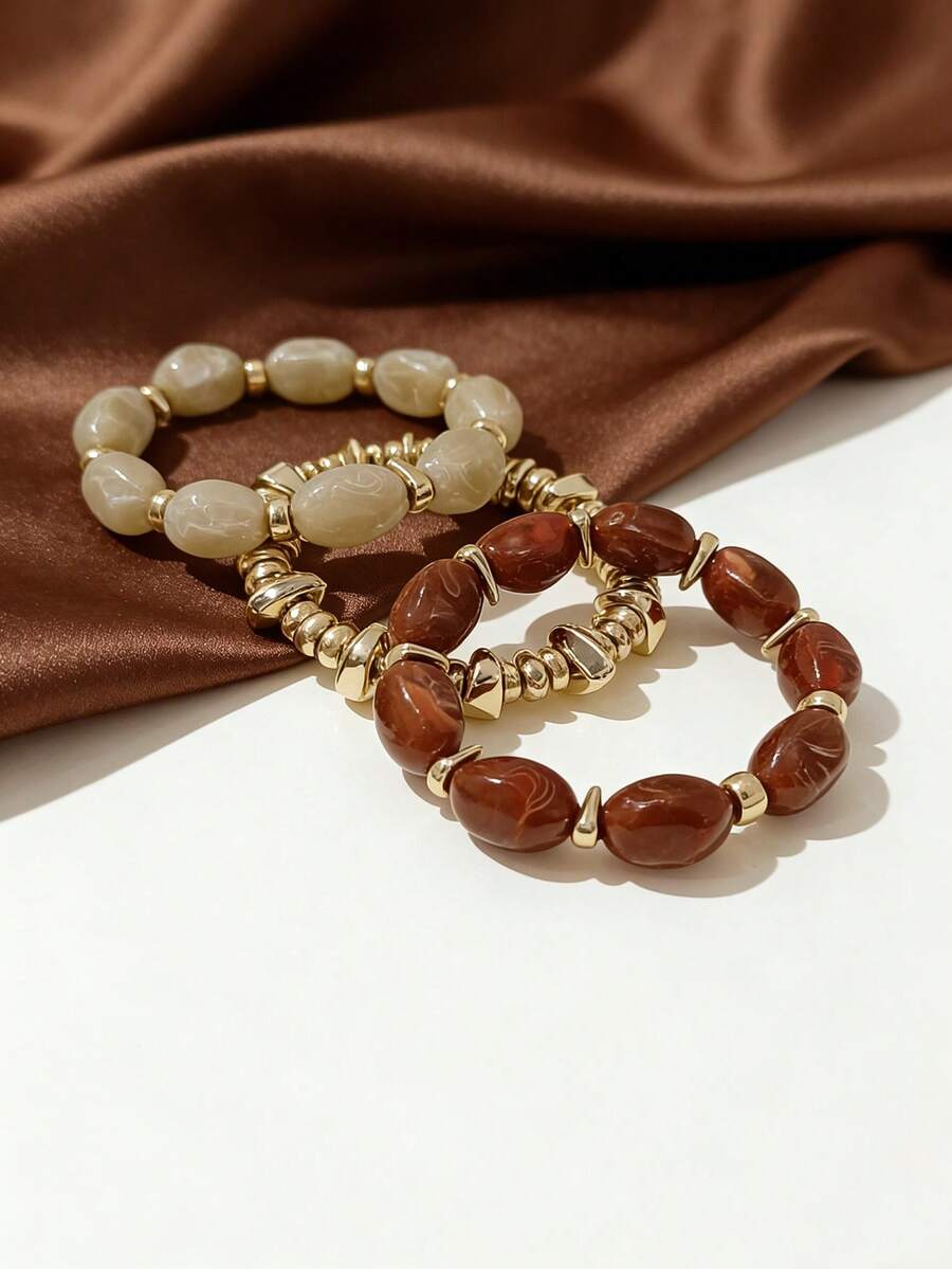 3pcs Vintage Boho Style Acrylic Beaded Bracelets, Multi-Color, Suitable For Women, Couples, Parties, Daily Wear, Luxury & High-End (Slight Color Difference Possible Between Photo Lighting/Angle And Actual Item) - Multicolor - View 1