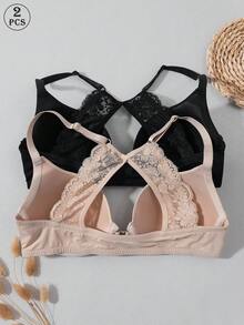 2pcs Front Closure Underwire Bra, Adjustable Straps & Lace Patchwork, Sexy Open Back Wireless Bra, Soft Breathable Bra With Front Hook Closure, Thick Cup Support, Suitable For Commuting, Daily Wear, Home & Multi-Occasions - Multicolor - View 3