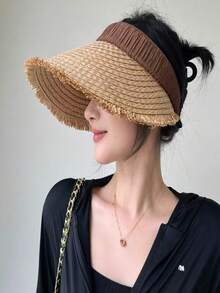 1pc Breathable Sunscreen Straw Hat, Transparent Sunshade Beach Vacation Hat, Wide Brim Summer Straw Hat For Women - View 4