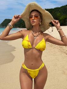 Women's Elegant Summer Beach Vacation Yellow Tie-Dye Print Casual Bikini Set Set, Suitable For Parties, Gatherings, Spring, Seaside, Entertainment, Vacation, Romantic, Fashionable Design, Unique, Casual, Bohemian Style, Travel, Daily Activities - Multicolor - View 1