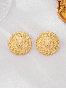 1 par de pendientes de cabeza de león 3D de alta gama, joyería popular de estilo europeo y americano para comercio transfronterizo - Amarillo Oro - Ver 2