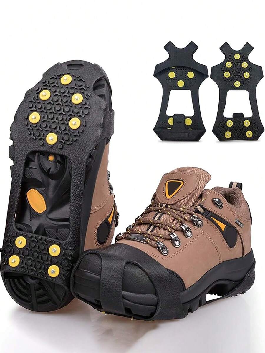 Gai chống trượt bằng cao su 10 răng, phù hợp với giày/ủng nam và nữ, cung cấp độ bám chắc chắn trên bề mặt băng và tuyết.