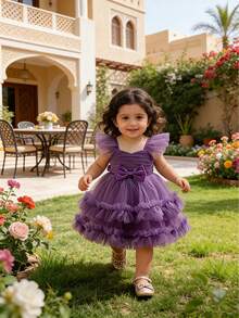 Vestido de fiesta y noche para niña bebé con malla, patchwork y decoración de lazo - Morado - Ver 5