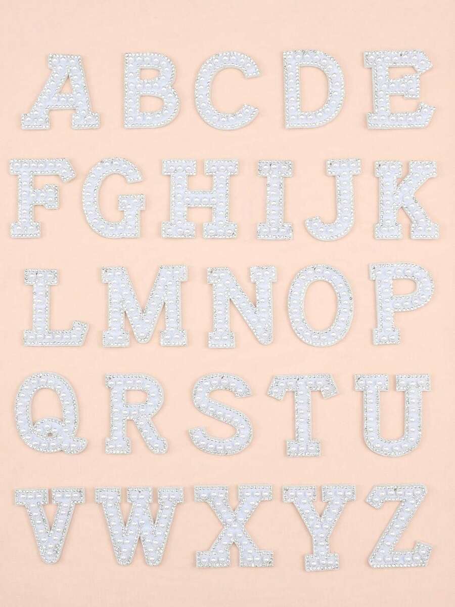 Cute 26 English Letters Patch Stickers, A-Z Alphabet Applique With Pearls And Small Diamonds, Self-Adhesive Letter Patches/Fabric Letter Sticks, Initial Letters Embroidered Chenille Sticker - 26 letters set - View 1
