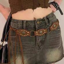 Vintage Western Rivet Belt, Bohemian Leather Belt For Skirts & Pants, Brown - Brown - View 1