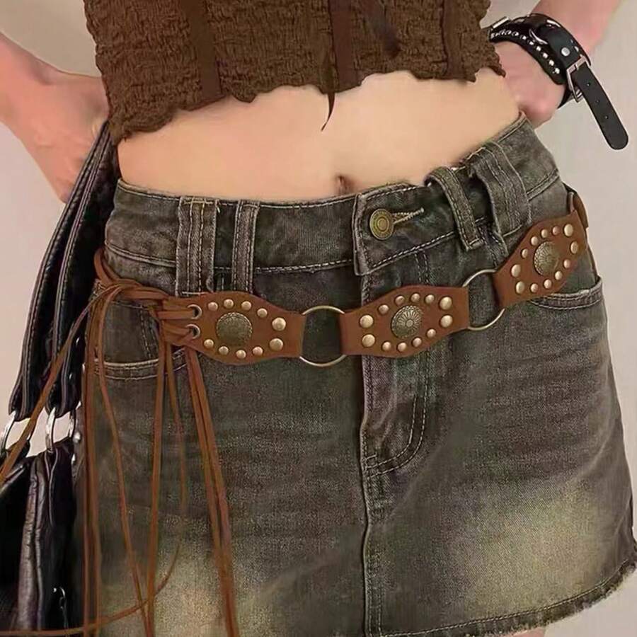 Vintage Western Rivet Belt, Bohemian Leather Belt For Skirts & Pants, Brown - Brown - View 1