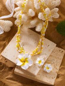 2 piezas Conjunto de collar y aretes de arcilla polimérica con cuentas de flores de estilo playero para mujeres - conjunto de aretes y collar - Ver 7