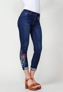 Koroshi Women's Slim Push-Up Denim Trousers With Turn-Up Hem, Embroidered Floral Detail, And Zip And Button Front Closure, Dark Blue, Sizes 34/36/40 - Navy Blue - View 8