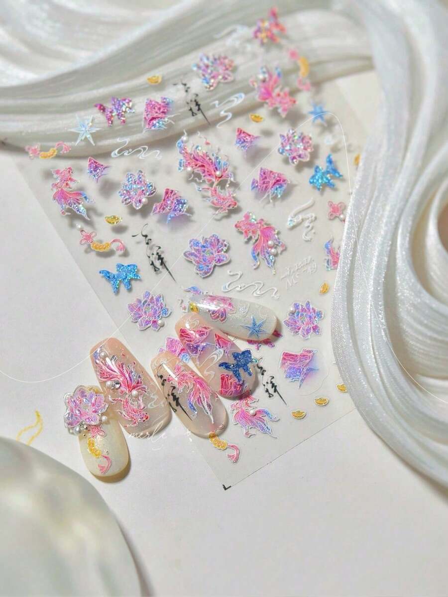 1pc Koi Fish Lotus Hill Chinese Knot Tassel Star Ingot Self Adhesive Nail Charm Sticker Starfish Nail Art Stickers DIY - Multicolor - View 1