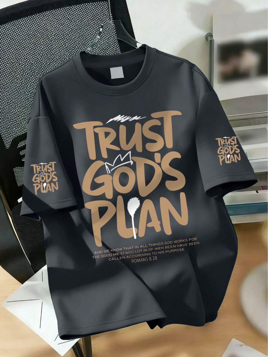 Kaos Kasual Anak Laki-Laki Berkerah Bulat dengan Motif Grafis, Kaos Lengan Pendek Lembut & Nyaman dengan Pola Slogan, Cocok untuk Remaja di Musim Semi/Panas - Dark Grey - View 1