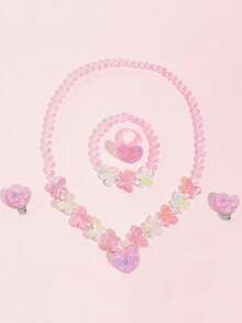 5件套女孩可爱蝴蝶花朵串珠项链、手链、耳环、戒指首饰套装，适合日常佩戴、节日派对、生日礼物 - 均碼 - 查看 4