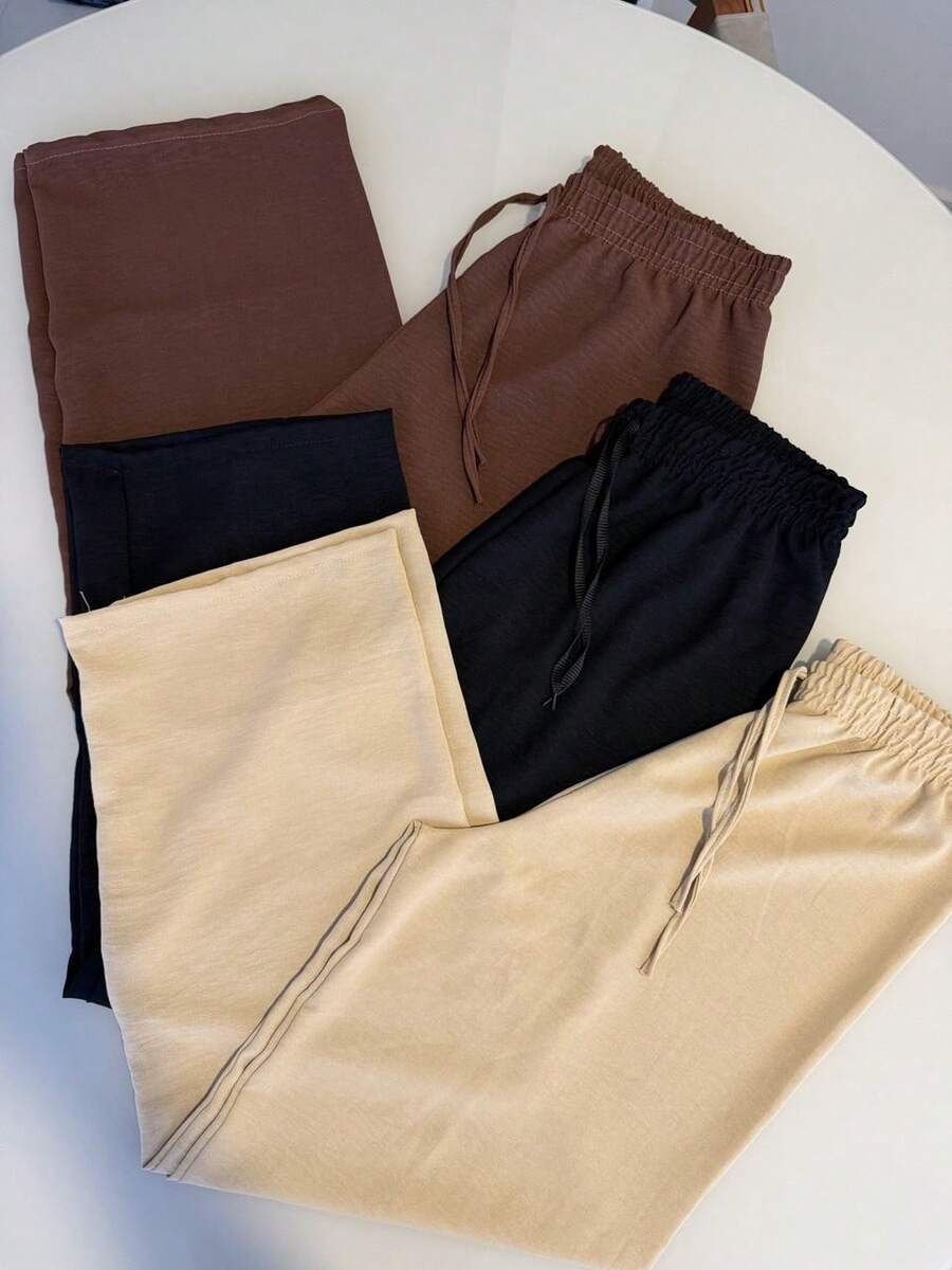 Set Of 3 Women's Pants Duna Wide-Leg Pants Trio High-Waisted Wide-Leg Pants Elastic Waistband Premium Duna Fabric Wrinkle-Resistant Shrink-Resistant Loose-Fitting Pants One Size Elegant Work Outfit Versatile Piece Fashionable For Summer Winter Spring Autumn Superior Quality - 米色/黑色/棕色 - 查看 1
