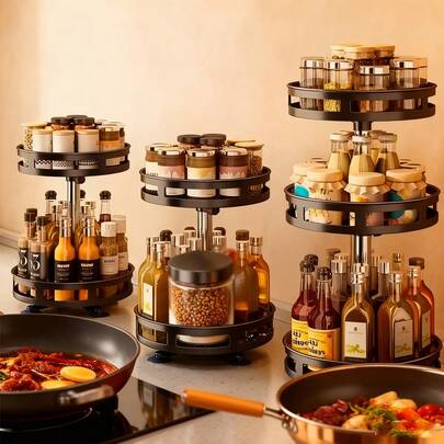 1 pieza Estante moderno minimalista de metal giratorio 360°, con detalles únicos de soporte cilíndrico de acero inoxidable, apto para almacenar frascos de especias y decoraciones, aplicable para estantes y exhibición en la cocina, apto para uso durante todo el año.