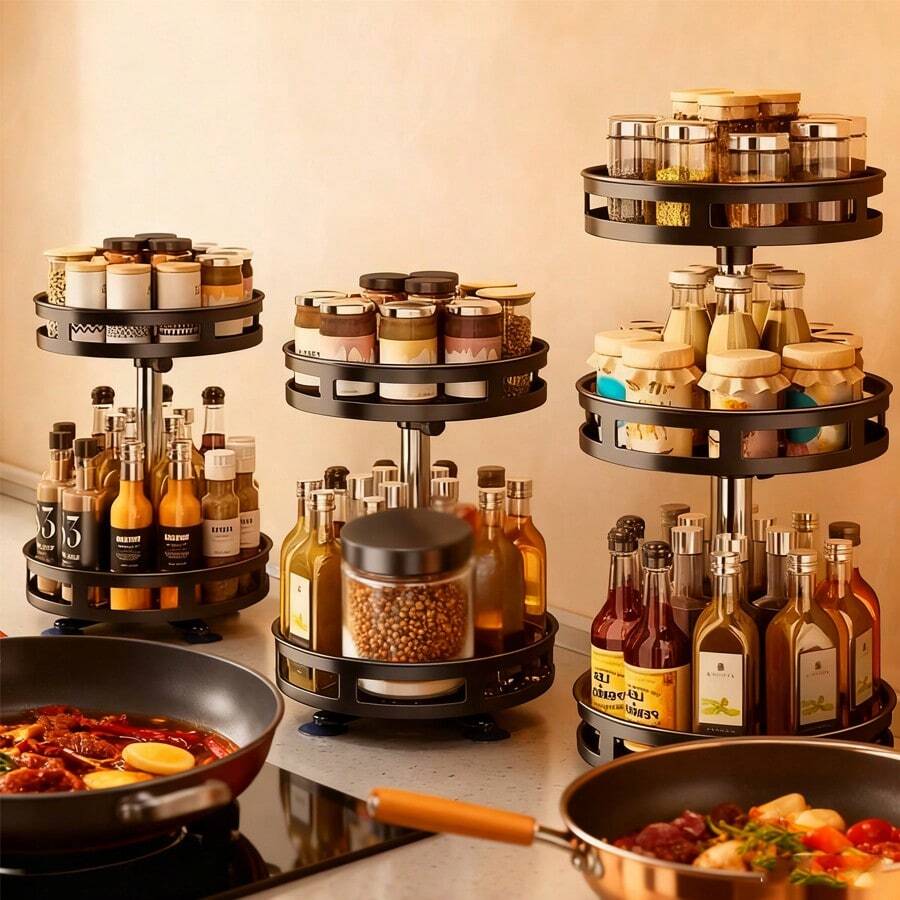 1pc 360° Rotatable Modern Minimalist Iron Metal Spice Rack Holder, With Unique Stainless Steel Cylindrical Stand Details, Suitable For Storing Spice Jars And Decorations, Applicable For Kitchen Counter Shelves And Display, Suitable For Year-Round Use.
