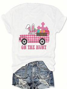 Camiseta De Manga Corta De Verano Para Mujer, Talla Grande, Estampado Temático De Pascua Con Orejas De Conejo, Huevos De Pascua Y Cruces, Moda Casual, Ropa Elegante Para Mujer - [Blanco] - Ver 1