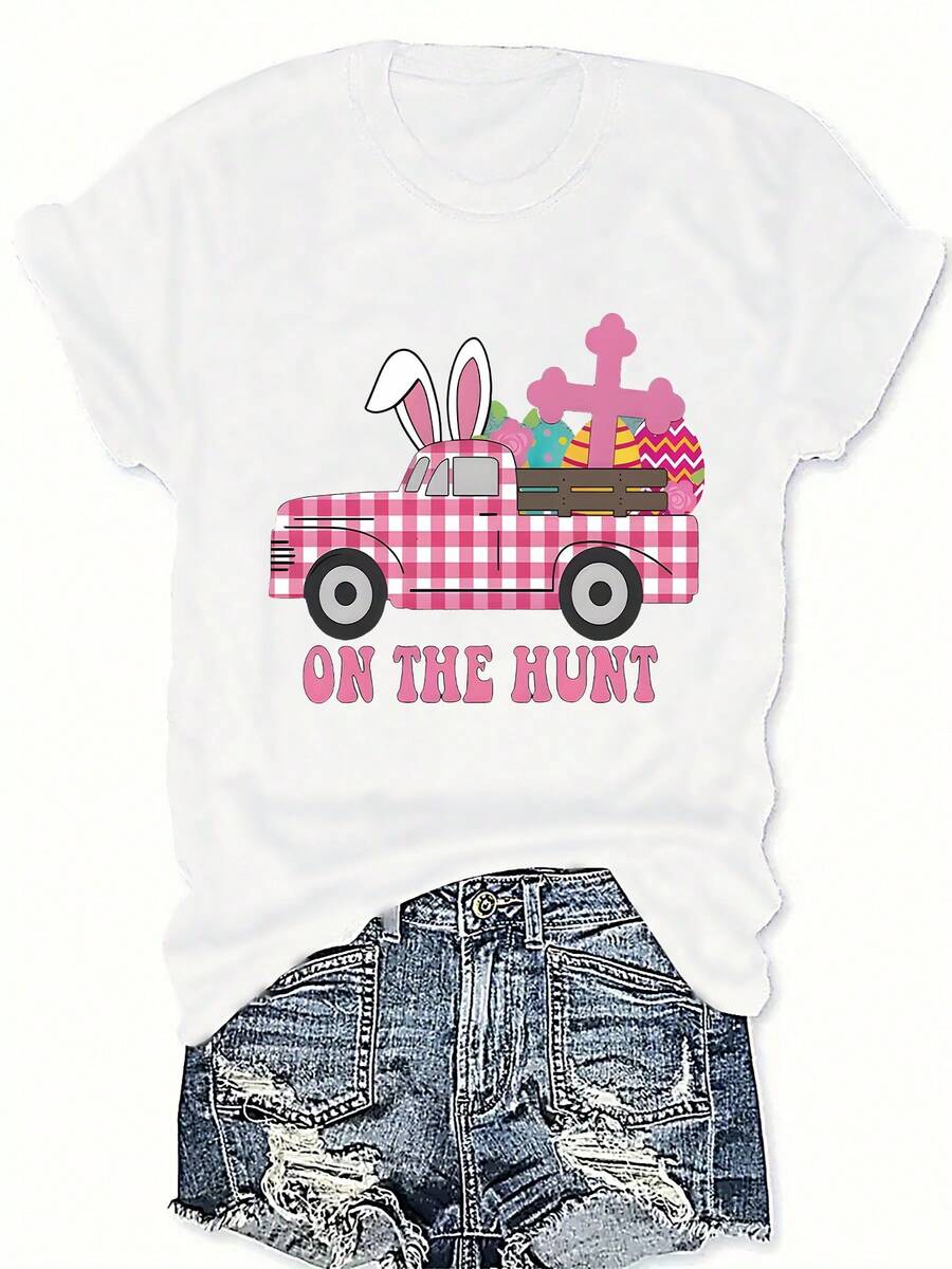 Camiseta De Manga Corta De Verano Para Mujer, Talla Grande, Estampado Temático De Pascua Con Orejas De Conejo, Huevos De Pascua Y Cruces, Moda Casual, Ropa Elegante Para Mujer - [Blanco] - Ver 1