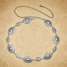 波西米亚风优雅金属腰链，百搭复古雕刻设计，适合搭配连衣裙、牛仔裤，四季皆宜，几何图案锌合金金属腰带链 - 銀色 - 查看 3