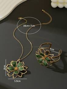 1pc Urban Chic Summer Delicate Double-Layer Green Enamel Flower Pendant Necklace, 1pc Floral Bracelet Women's Jewelry Set, Vacation Jewelry (No Gift Box) - Green - View 6