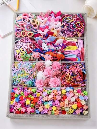870 piezas Nuevo set surtido de accesorios para el cabello, pasadores, ligas de cabello elásticas que no dañan, decoraciones versátiles para el cabello para niñas, mejor regalo de cumpleaños, vacaciones y reuniones familiares para niños