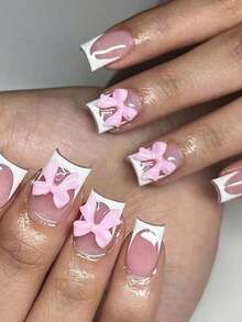24pcs Medium Square French Tip Nail Stickers, White Color With Rhinestone Bow Decor, Luxury Full Coverage, Suitable For Women & Girls Nails, Charm Dates, Office, Home Parties Nail Supplies - Hồng 2 - Xem 2