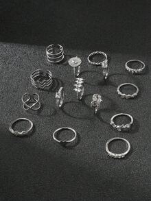 Juego de 15 piezas de anillos de moda europea y americana, anillos de aleación con rhinestones apilables, diseño asimétrico de hojas para mujeres - Juego de anillos - Ver 5