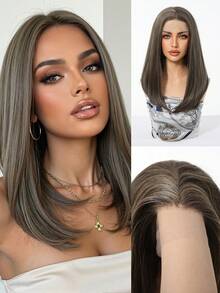 14 Inch 13x4 Lace Front Wig, High Temperature Fiber Synthetic Wig, Ash Brown Natural Straight Layered Bob Wig For Women - Piano Color - View 1