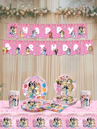 Bluey Themed Birthday Party & Friends Dinner Decorations, Paper Plates, Cups, Napkins Set, Disposable Tableware, Suitable For Gatherings