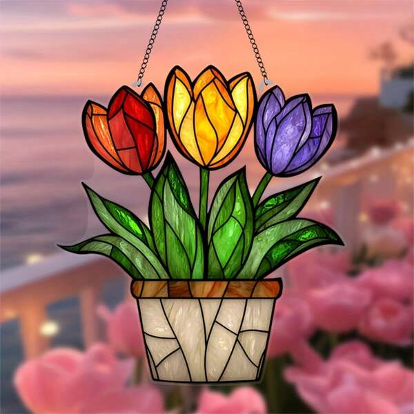 1pc 2D Retro Acrylic Tulip Potted Plant Suncatcher, Spring/Summer Hanging Floral Decor, Universal Holiday Ornament, Suitable For Living Room, Garden, Kitchen, Porch, Perfect Gift For Floral Enthusiasts, Battery-Free