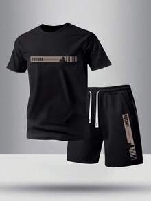 男士夏季短袖T恤短裤套装，个性化印花图案，时尚休闲外出装，带口袋，松紧腰抽绳裤，两件套，适合跑步、高尔夫、钓鱼、篮球、露营、健身、游泳和海滩等活动，是送给丈夫或男友的绝佳礼物。 - 黑色 - 查看 1