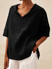 Blusa de manga corta de unicolor, ligera y casual con cuello Peter Pan, talla grande, primavera/verano, color negro - Negro - Ver 1