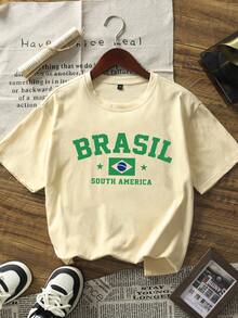夏季新款简约时尚世界杯墨西哥印花休闲圆领短袖T恤，百搭时尚女式上衣 - 黃色 - 查看 2