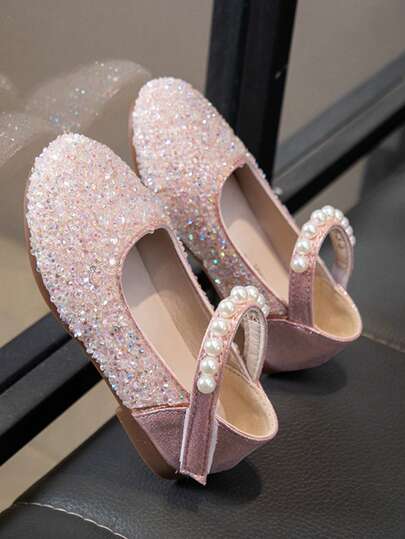 1 Pair New Fashionable Versatile Pink Girl's Pearl & Rhinestone Cute Flat Shoes, Round Toe, Suitable For Daily Wear, Dancing, Outdoor In Spring And Autumn, Glitter Decor Closed Toe Princess Dance Shoes