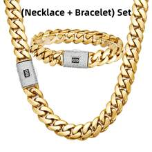 2pcs 14K Gold Plated Hip Hop Jewelry Set For Men, 14mm Thick Stainless Steel Curb Link Chain, Punk Clamshell Buckle Necklace & Bracelet - Golden+Silvery - View 12