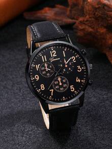 男士手表套装，1 套，休闲运动风，圆形表盘石英表，PU 表带，搭配项链、手链和戒指，适合日常佩戴、生日礼物、返校季礼物、感恩节礼物、情侣礼物，最佳礼品（不含包装盒） - 黑色 - 查看 5