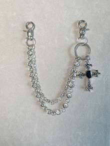 Cadena para pantalones cruzada, cadena para la cintura con dije de cierre de langosta, cadena para billetera, cadena retro, cadena de doble capa, estilo hip-hop punk, cadena para jeans, cadena para bolsillo, llavero de hombre, cadena para pantalones de múltiples elementos - Plata antigua - Ver 3