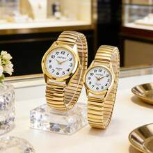 XAPWV 2pcs Gold Couple Quartz Watches, Casual Arabic Numeral Fashion Elastic Strap Pair Of Men And Women Watches - Gold - View 3
