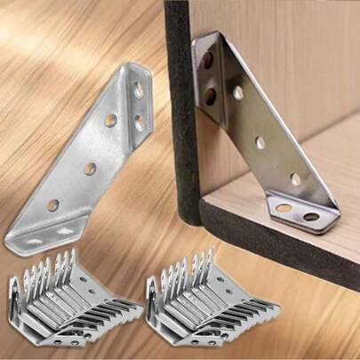 70-Piece Set (10 Corner Brackets + 60 Screws) Stainless Steel Furniture Corner Connectors Universal Corner Connector Bracket Trapeziform Angle Brackets Triangular Connector For Wood Furniture Triangle Stabilizer Support
