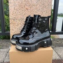 Men's Fashion Cyber Punk Style High-Top Chunky Boots Black Patent Leather With Side Zipper Motorcycle Short Boots For Man Thick Sole Vintage Leather Boots - 黑色 - 查看 2