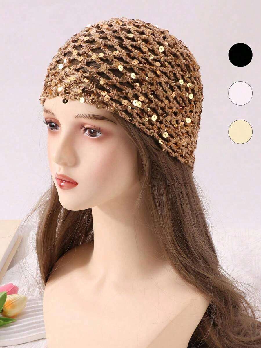 1pc Women's Fashion Hollow Crochet Sequin Beanie, Suitable For Everyday Wear F5PQ - 連帽帽 - 查看 1