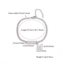 1 pieza Pulsera de hombre con inicial rectangular simple y plateada, pulsera de cadena cubana de acero inoxidable estilo punk - Plateado - Ver 2