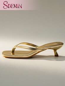 SDEMIN Gold Metallic Thong Sandals For Women, Square Toe Kitten Heel Mules | Backless Slip-On Dress Shoes For Summer 2026 | Retro-Chic & Glamorous Style | Perfect For Beach, Brunch, Date Nights & Parties - 金色 - 查看 7
