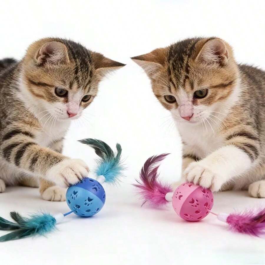 1个可爱可独处互动猫玩具，带铃铛，逼真羽毛滚轮，聚酯纤维材质，适合所有年龄段的猫咪