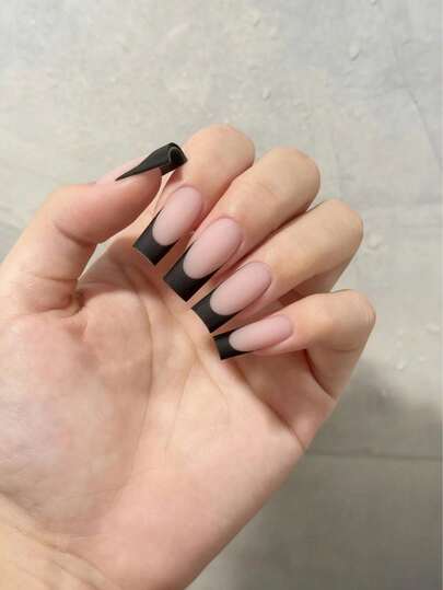 24 piezas de uñas postizas cuadradas largas y elegantes de estilo minimalista, diseño francés en negro mate. Incluye 1 lima de uñas y 1 pegamento de gel, adecuado para fiestas, citas y uso diario