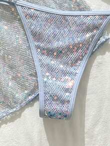 三件套亮片蓝绿色泳装套装 - 亮片吊带泳衣上装搭配同色迷你裙 | 夏季海滩度假和泳池派对的理想之选 - 淺藍色 - 查看 8