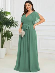 EVERPRETTY Plus Size Elegant V-Neck Pleated Ruffle Sleeve Green Bridesmaid Formal Dress, Suitable For Weddings, Parties, Birthdays, Spring/Summer Party - Green - View 3