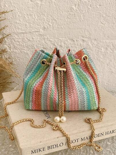 Mini New Fashion Straw Woven Gold Chain Drawstring Bucket Bag, Beach Bag, Summer Outfits