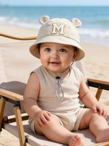 1 pieza Sombrero de cubo para bebé con diseño de oreja linda, sombrero de sol con estampado de letras A-Z para niños, estilo casual con cordón ajustable, adecuado para protección solar al aire libre en la playa - Beis - Ver 4