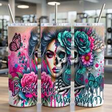 20oz Tumbler Cup Beautiful Disaster Floral Skull Butterfly Design For Edgy Women Half Skull Half Face Skeleton Aesthetic Art Graphic Birthday Or Halloween Gift For Gothic Alternative Style Lovers - 1 pc - 查看 7